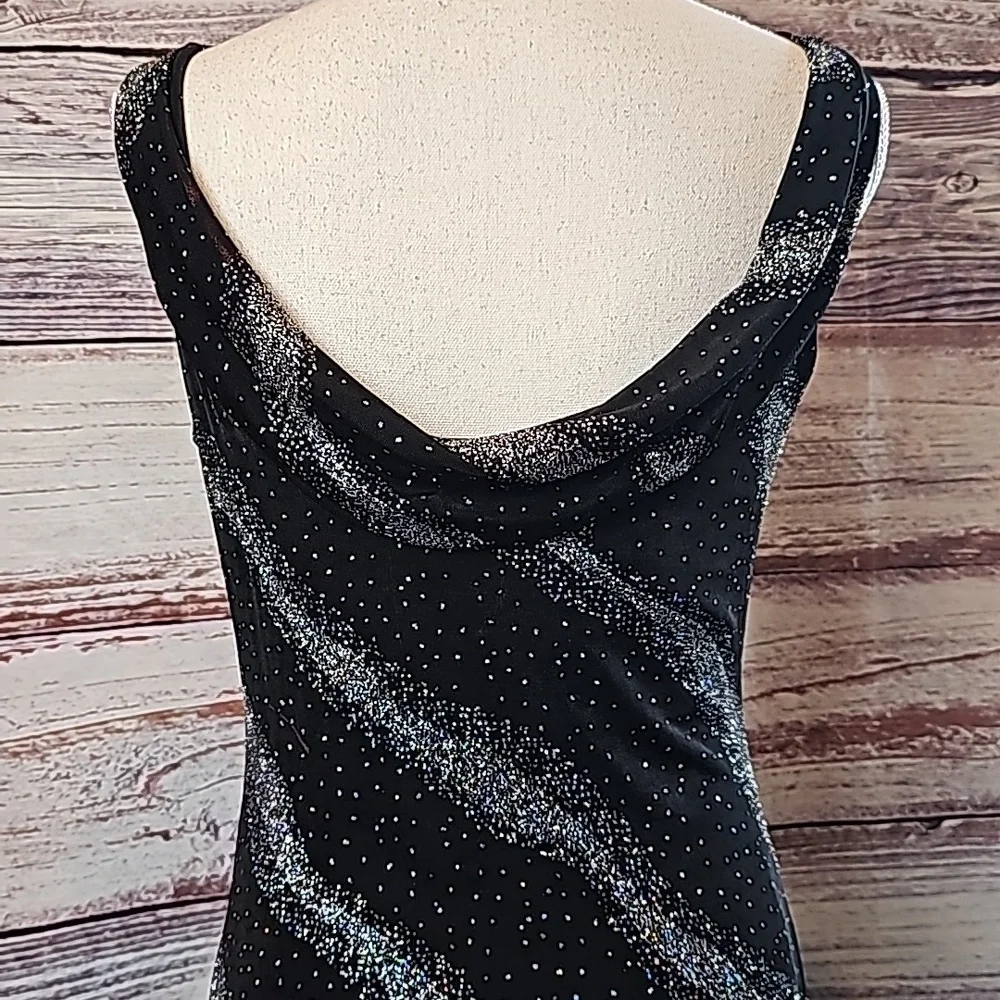 VINTAGE SCARLET BLACK SLEEVELESS COWEL BACK GLITTER FORM FITTING DRESS